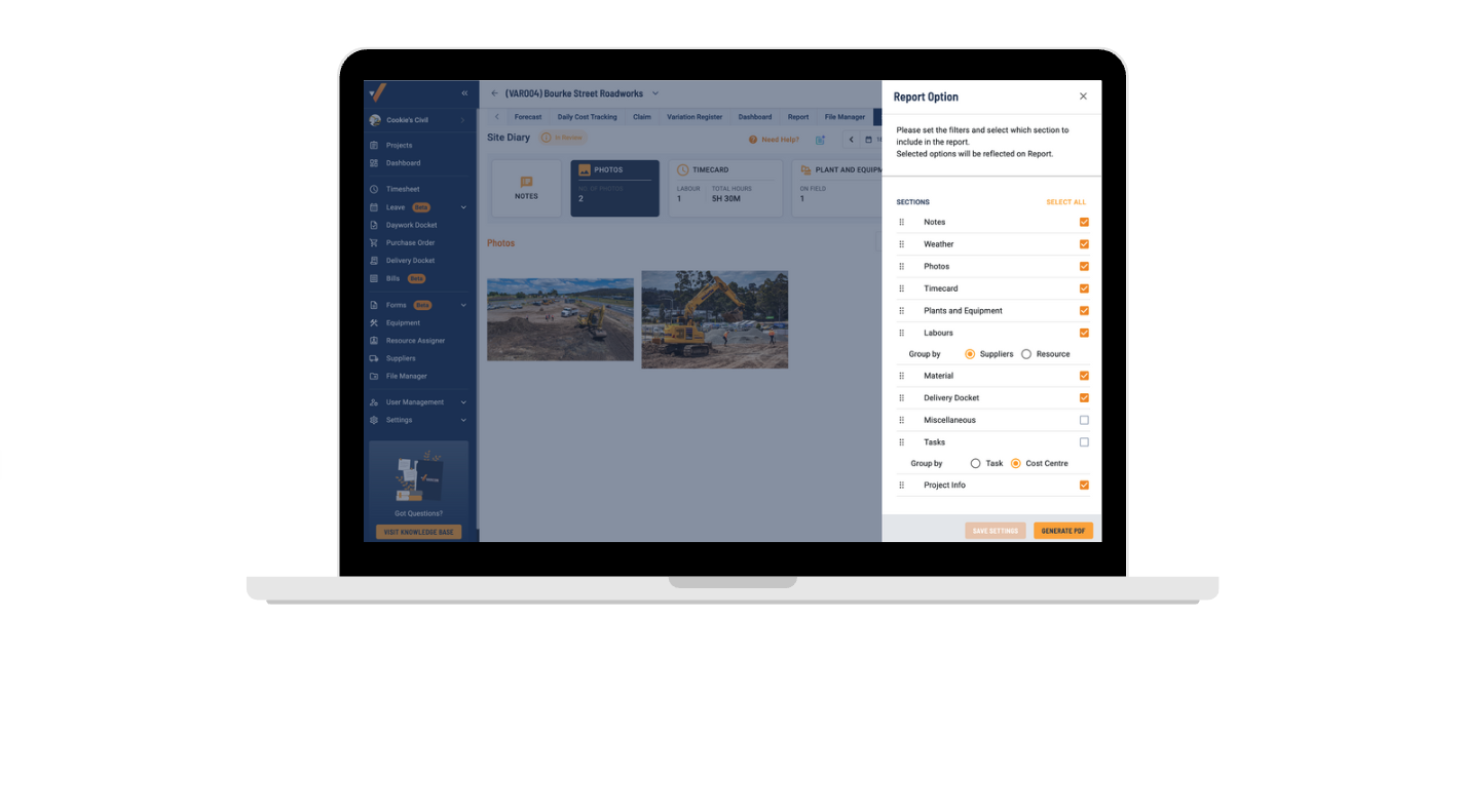 Varicon dashboard with customisable project tracking fields